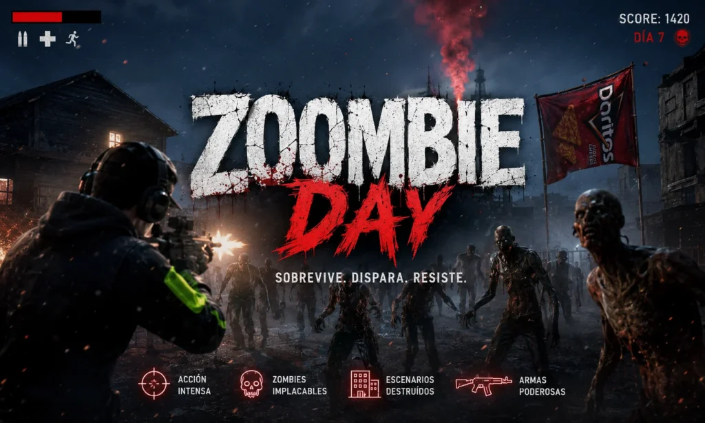 Pantalla temática de un videojuego de terror y supervivencia llamada Zombie day