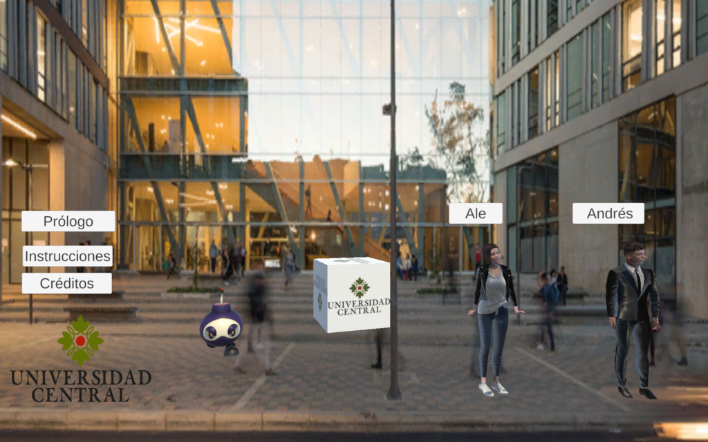 Portada del videojuego 3D desarrollado en Unity, mostrando el edificio moderno de la Universidad Central y personajes digitales en escena