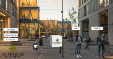 Portada del videojuego 3D desarrollado en Unity, mostrando el edificio moderno de la Universidad Central y personajes digitales en escena