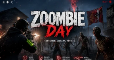 Pantalla temática de un videojuego de terror y supervivencia llamada Zombie day
