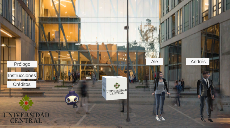 Portada del videojuego 3D desarrollado en Unity, mostrando el edificio moderno de la Universidad Central y personajes digitales en escena