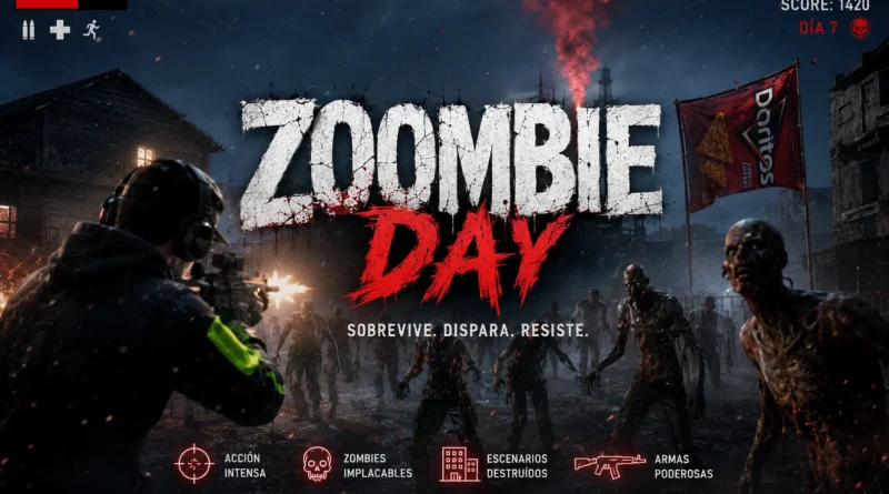 Zoombie Day: Cómo Creamos un Videojuego 3D de Zombies en Unity Pantalla temática de un videojuego de terror y supervivencia llamada Zombie day