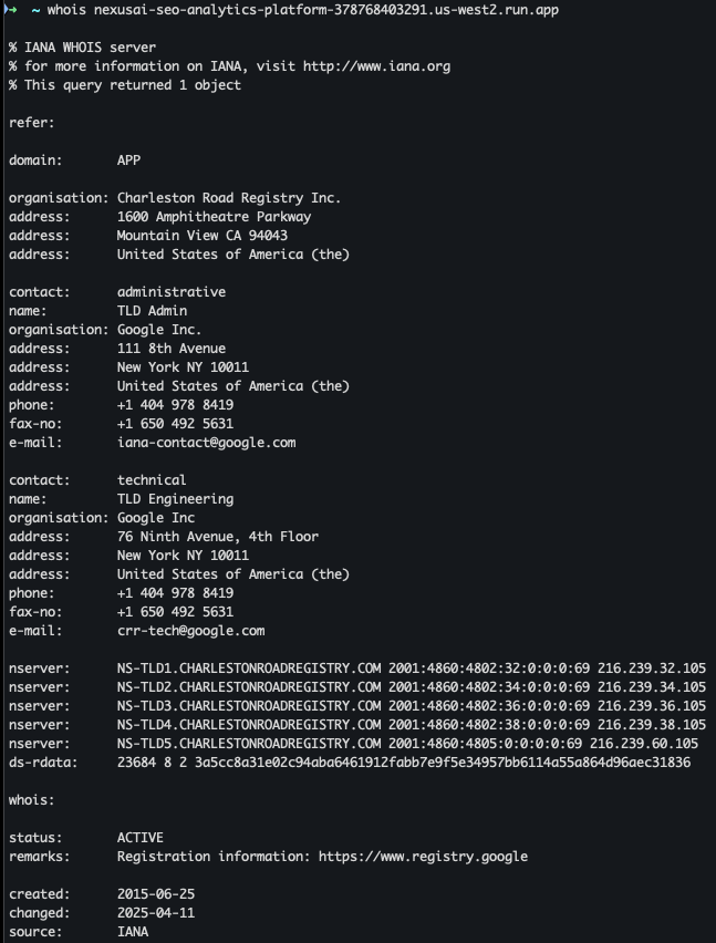 Resultado de consulta WHOIS del dominio analizado