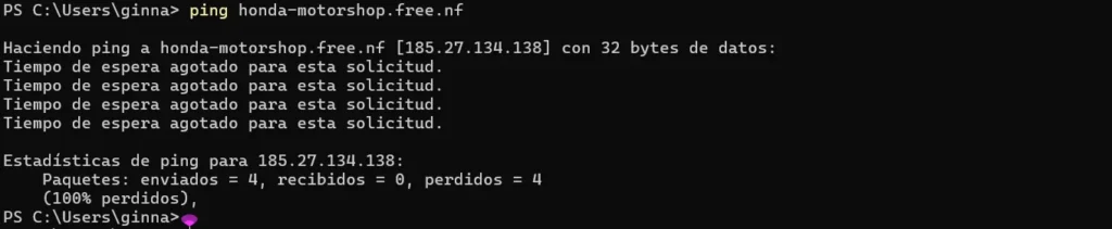 Comando ping ejecutado sobre honda-motorshop.free.nf mostrando 100% de pérdida de paquetes con la IP resuelta 185.27.134.138
