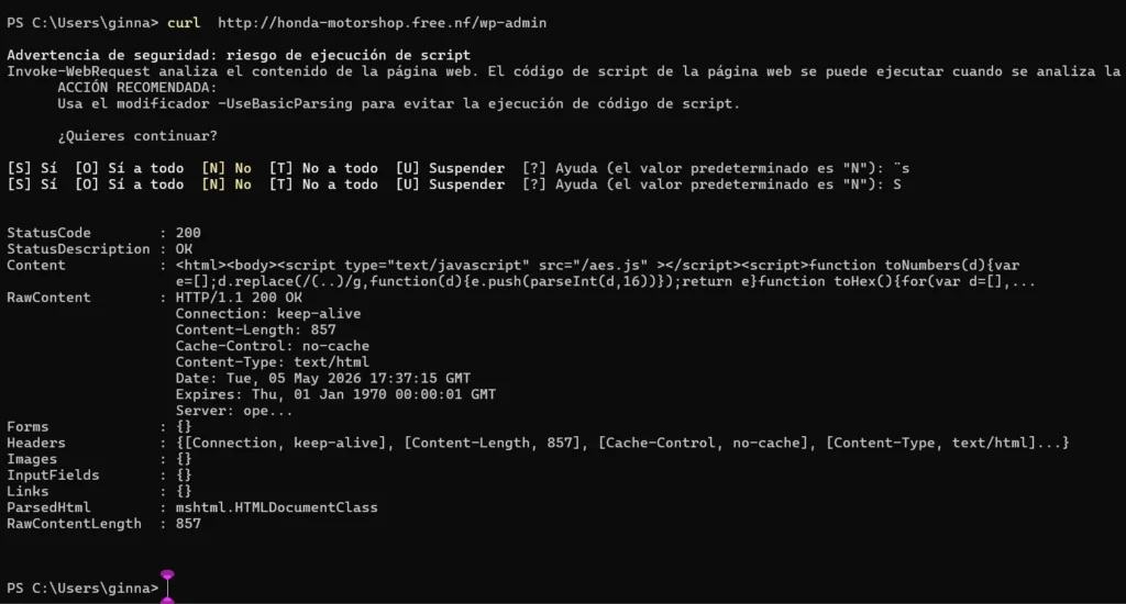 Resultado de la prueba de acceso a rutas administrativas del sitio