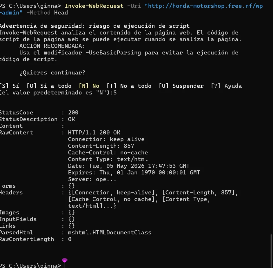 Captura del terminal PowerShell mostrando el resultado de Invoke-WebRequest con código HTTP 200 OK y encabezados de respuesta del servidor