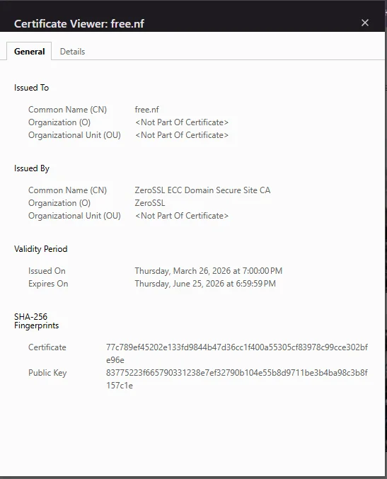Visor de certificados del navegador mostrando el certificado SSL emitido por ZeroSSL para free.nf con vigencia hasta junio de 2026