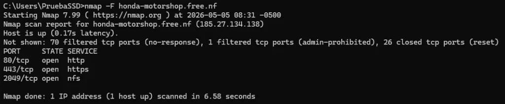 Resultado del escaneo Nmap con puertos 80, 443 y 2049 abiertos, ejecutado el 5 de mayo de 2026