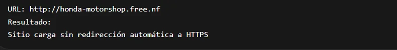 Terminal mostrando que el sitio carga sin redirección automática a HTTPS al acceder por HTTP