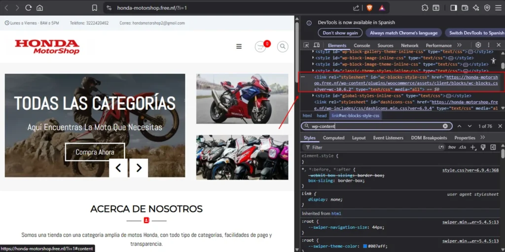 Navegador mostrando el sitio Honda MotorShop con el panel de DevTools abierto, evidenciando la versión de WordPress en el código fuente y los estilos de WooCommerce cargados