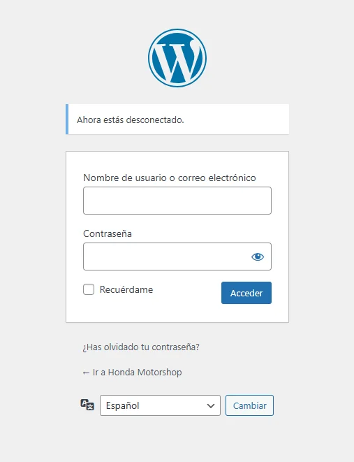 Página de login de WordPress del sitio Honda Motorshop mostrando los campos de usuario y contraseña sin mecanismos de protección visibles