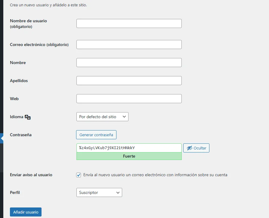 Formulario de creación de nuevo usuario en WordPress mostrando la generación automática de contraseña fuerte