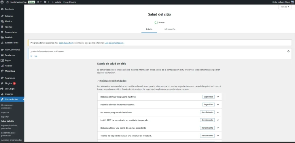 Panel de administración de WordPress mostrando el estado de salud del sitio con 7 mejoras recomendadas, incluyendo plugins inactivos, temas inactivos, evento programado fallido y resultado inesperado en la API REST