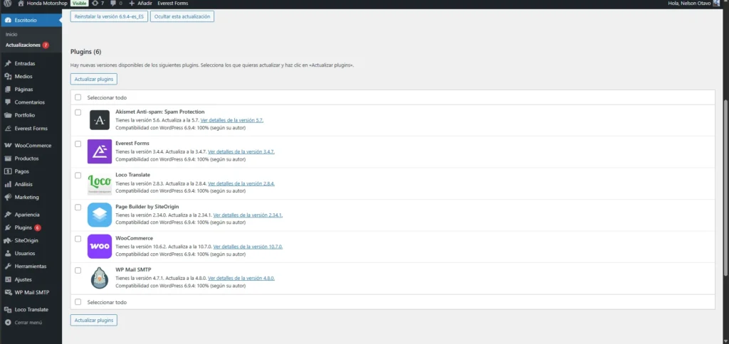 Detalle del panel de actualizaciones mostrando los 6 plugins con sus versiones actuales y las nuevas versiones disponibles compatibles con WordPress 6.8.4