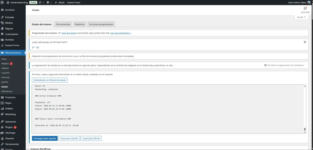 Panel de estado de WooCommerce mostrando 137 acciones pendientes sin ejecutar y la migración del programador de acciones en curso