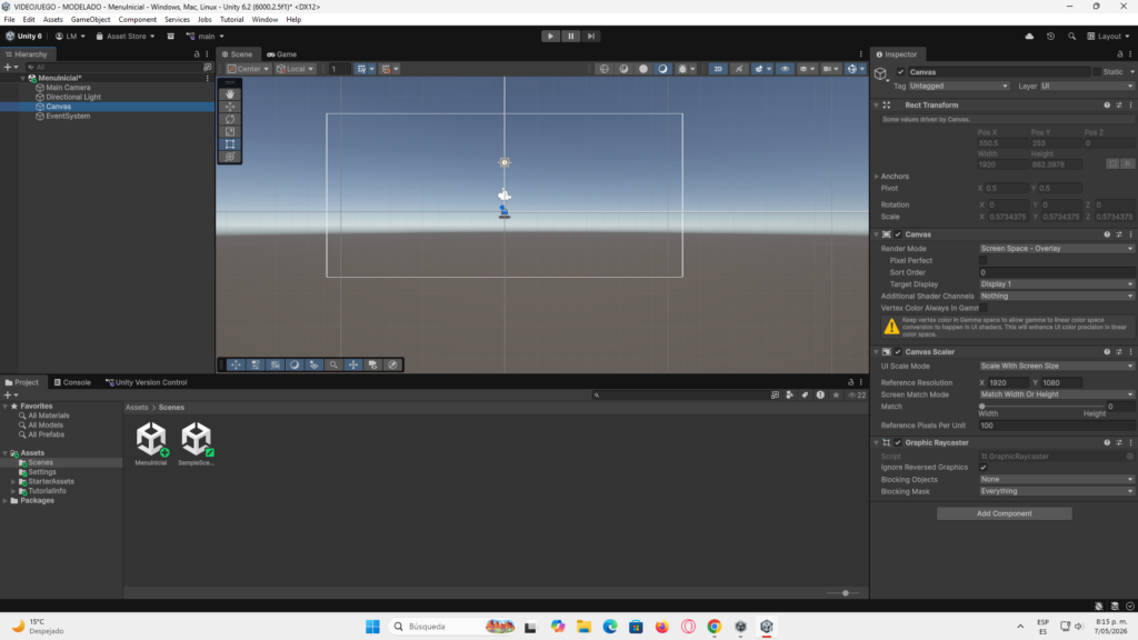 Estructura de la escena MenuInicial en Unity para el desarrollo de un videojuego 3D.