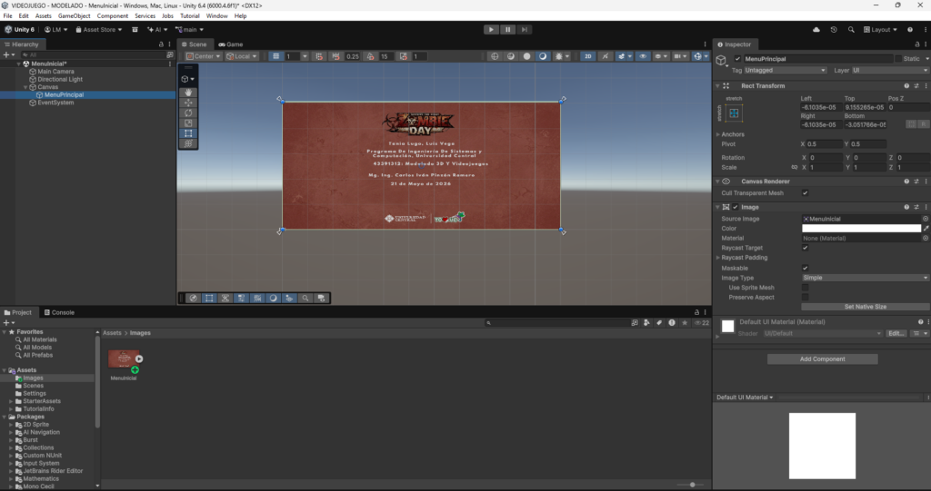 Interfaz del menú principal con temática zombie diseñada para el videojuego 3D en Unity.