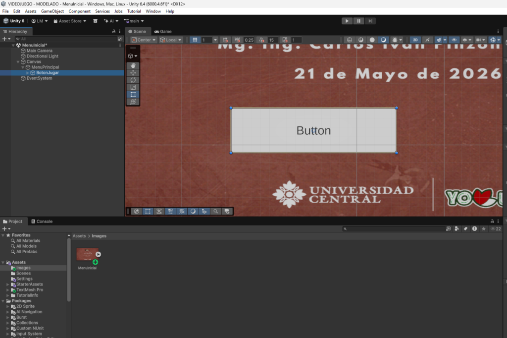 Creación de un botón de interfaz de usuario en Unity para el menú de un videojuego 3D.