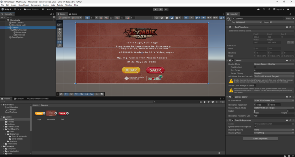 Botones Jugar y Salir integrados en el menú principal del videojuego 3D.