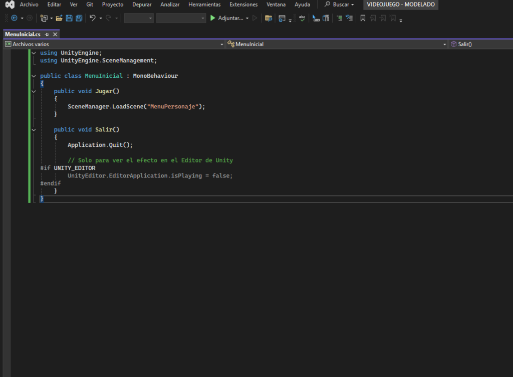 Script de programación en C# para controlar los botones del menú de un videojuego 3D.