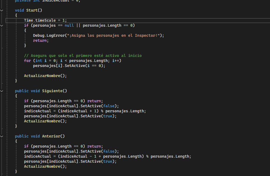 Script de programación en C# para controlar los botones del menú de un videojuego 3D.