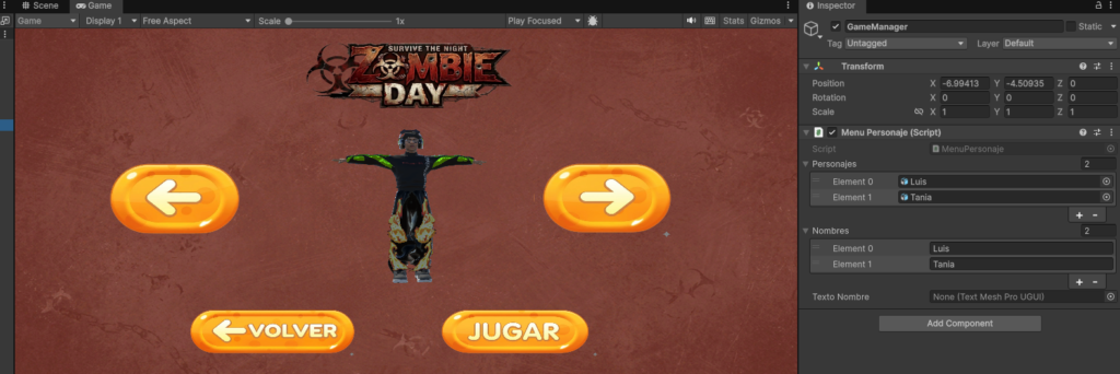 Pantalla de selección de personajes con botones interactivos dentro del videojuego 3D.