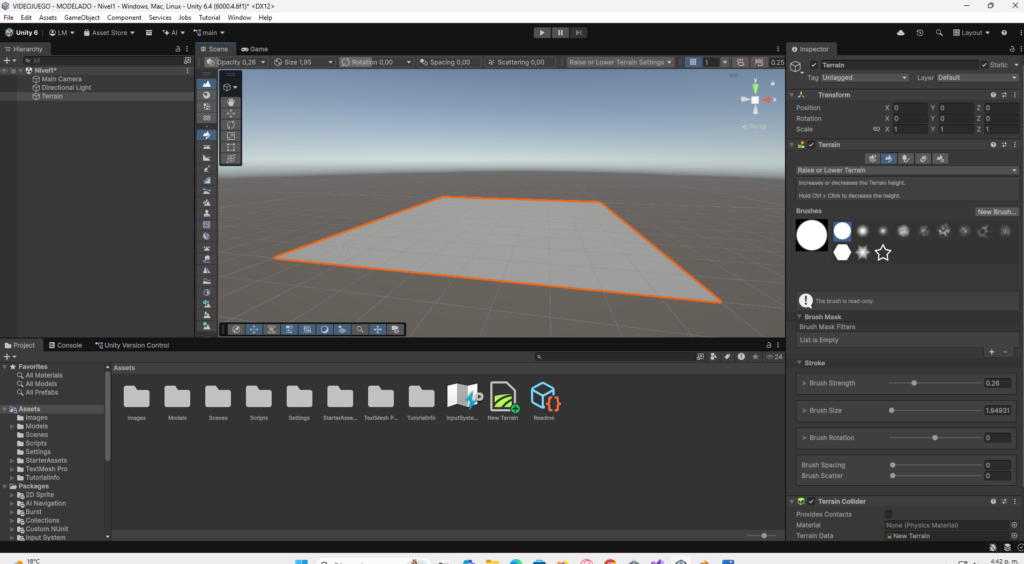 Instalación del paquete Terrain Tools en Unity para diseñar el mapa de un videojuego 3D.