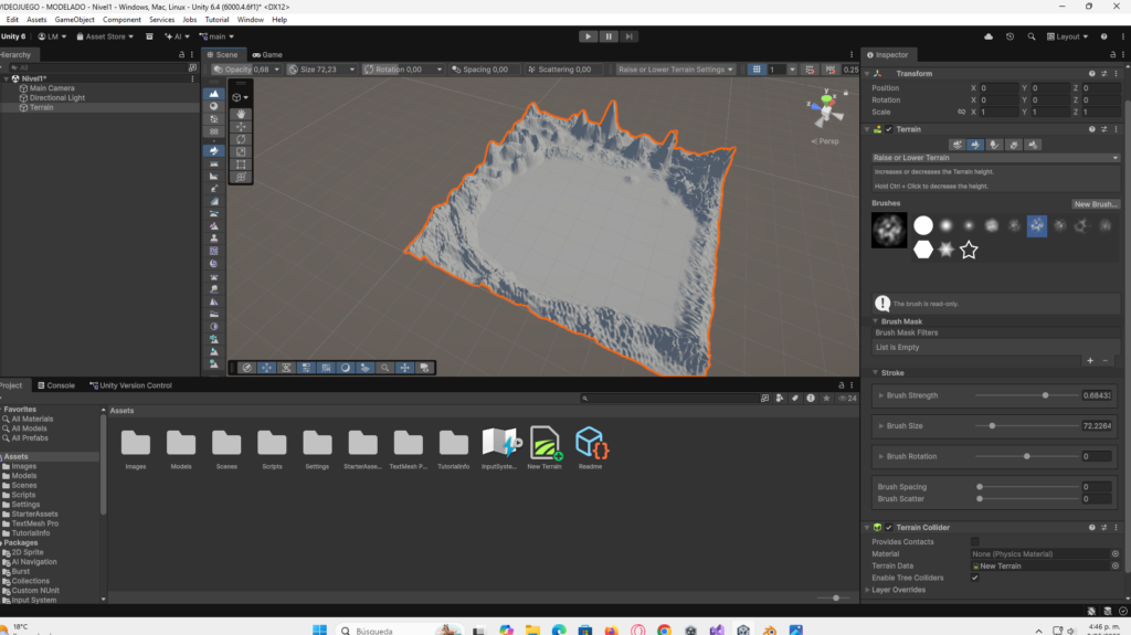 Instalación del paquete Terrain Tools en Unity para diseñar el mapa de un videojuego 3D.