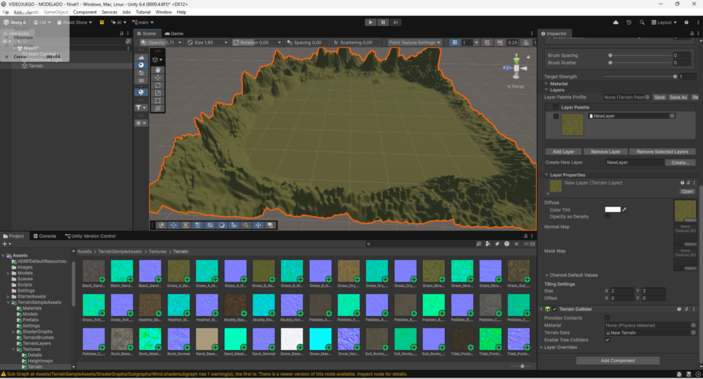 Instalación del paquete Terrain Tools en Unity para diseñar el mapa de un videojuego 3D.