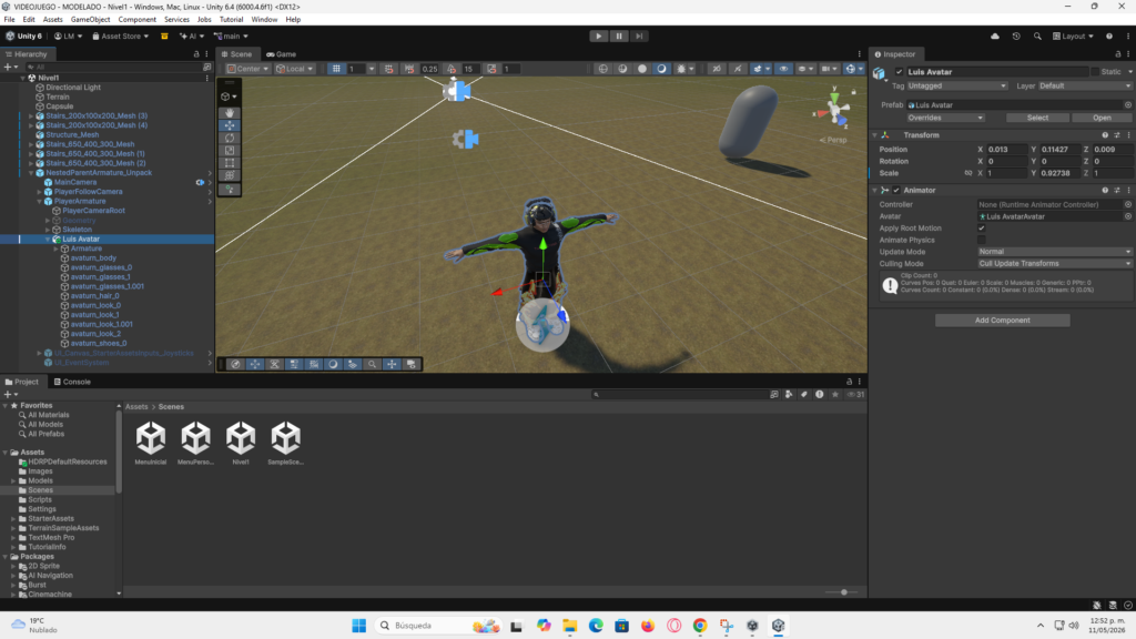 Configuración del componente Animator para el personaje principal de un videojuego 3D en Unity.
