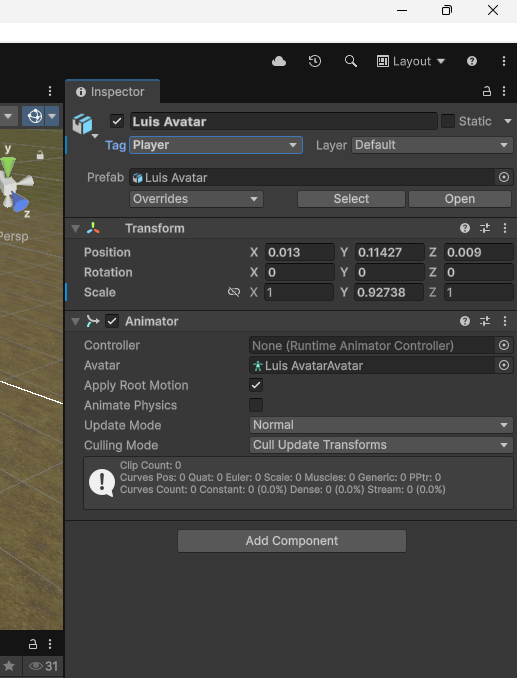 Configuración del componente Animator para el personaje principal de un videojuego 3D en Unity.