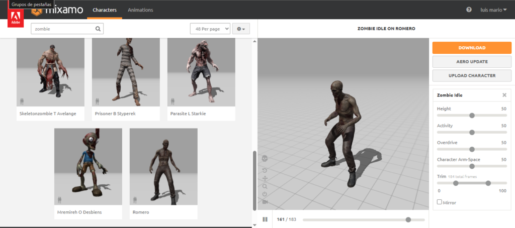 Instalaciones de animaciones de mixamo para el personaje de un videojuego 3D en Unity..