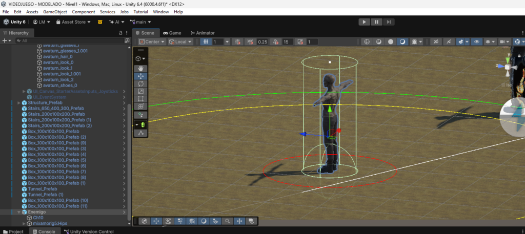 Instalaciones de animaciones de mixamo para el personaje de un videojuego 3D en Unity.