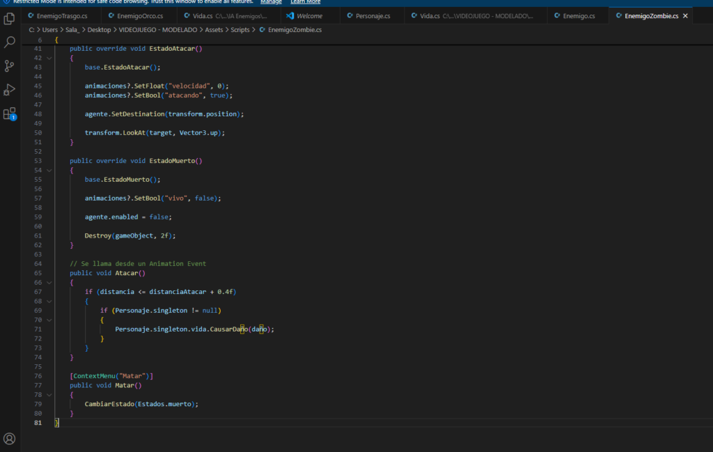 Script de programación en C# para controlar los botones del menú de un videojuego 3D.
