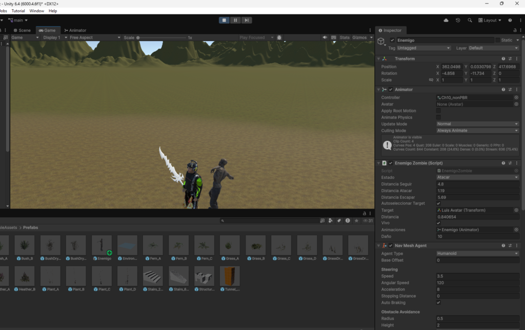 Configuración del componente Animator para el personaje principal de un videojuego 3D en Unity.