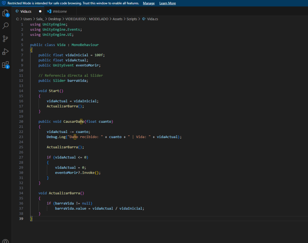 Configuración del script de barra de vida y control de daño en el inspector del videojuego 3D
