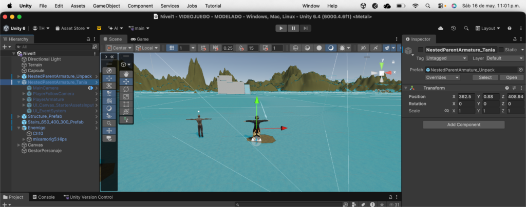 Ajustes de animación y físicas para el segundo personaje dentro del videojuego 3D.