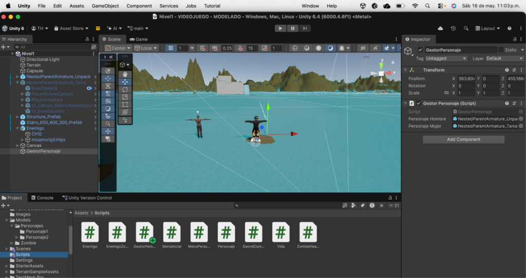 Ajustes de animación y físicas para el segundo personaje dentro del videojuego 3D.