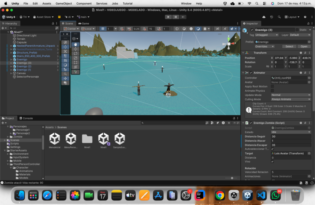 Ajustes de animación y físicas para el segundo personaje dentro del videojuego 3D.