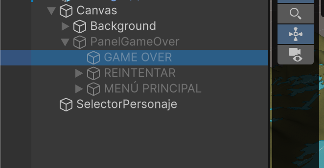 Interfaz gráfica de la pantalla de Game Over y derrota.
