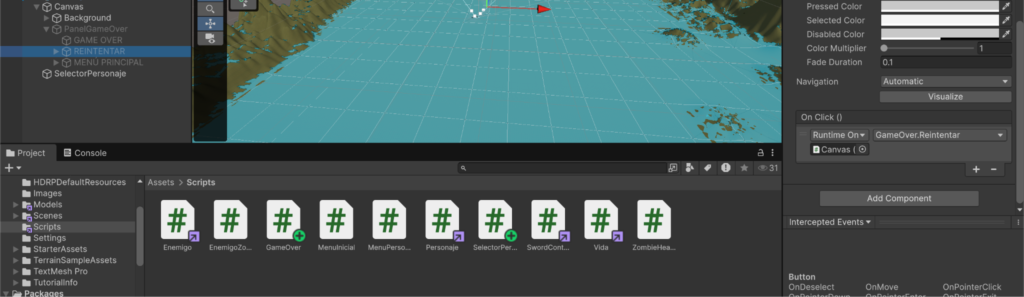 Interfaz gráfica de la pantalla de Game Over y derrota diseñada para el videojuego 3D.