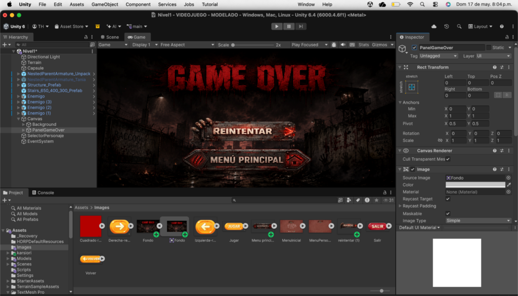 Interfaz gráfica de la pantalla de Game Over y derrota diseñada para el videojuego 3D.