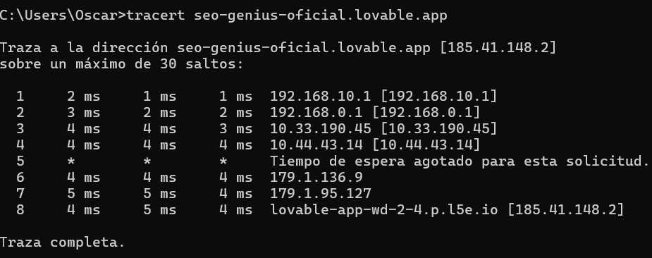 Consulta Tracert a seo-genius-oficial.lovable.app. Para una página SEO hecha con Vibe Coding con Inteligencia Artificial
