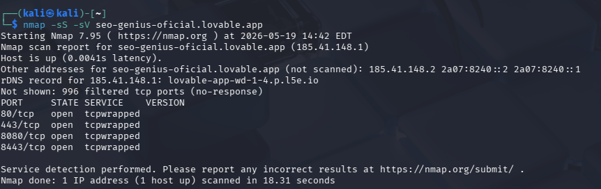 Análisis de puertos con Nmap SEO Genius. Para una página SEO hecha con Vibe Coding con Inteligencia Artificial