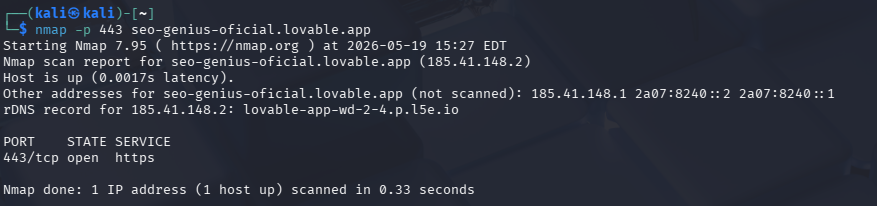 Análisis básico del servicio HTTPS utilizando Nmap sobre el puerto 443. Para una página SEO hecha con Vibe Coding con Inteligencia Artificial