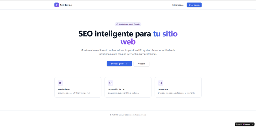 Página principal pública de SEO Genius. Para una página SEO hecha con Vibe Coding con Inteligencia Artificial