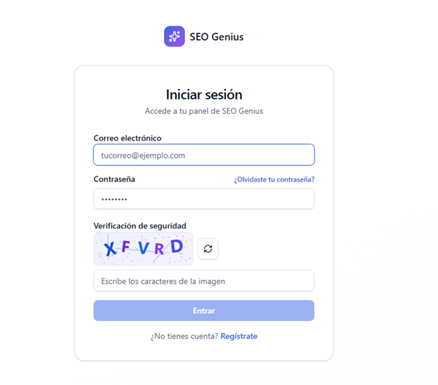 Formulario de inicio de sesión con correo, contraseña y verificación de seguridad. Para una página SEO hecha con Vibe Coding con Inteligencia Artificial