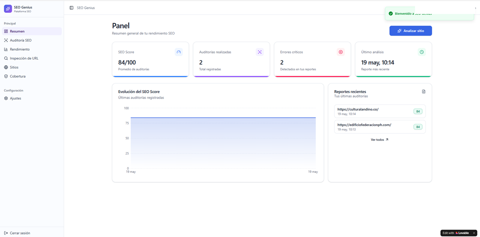 Panel principal autenticado con resumen de SEO Score, auditorías y reportes recientes. Para una página SEO hecha con Vibe Coding con Inteligencia Artificial
