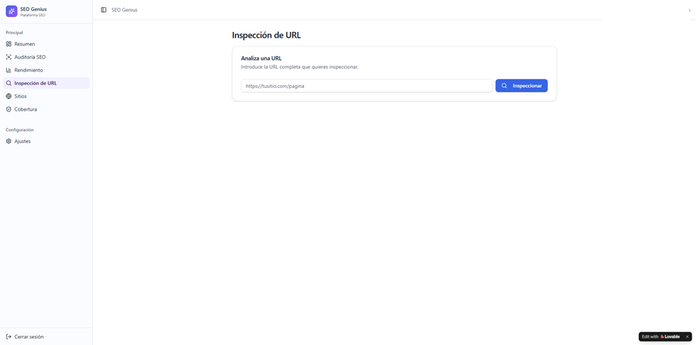 Módulo de inspección de URL. Para una página SEO hecha con Vibe Coding con Inteligencia Artificial