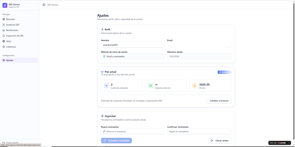 Módulo de ajustes de perfil, plan y seguridad. Para una página SEO hecha con Vibe Coding con Inteligencia Artificial